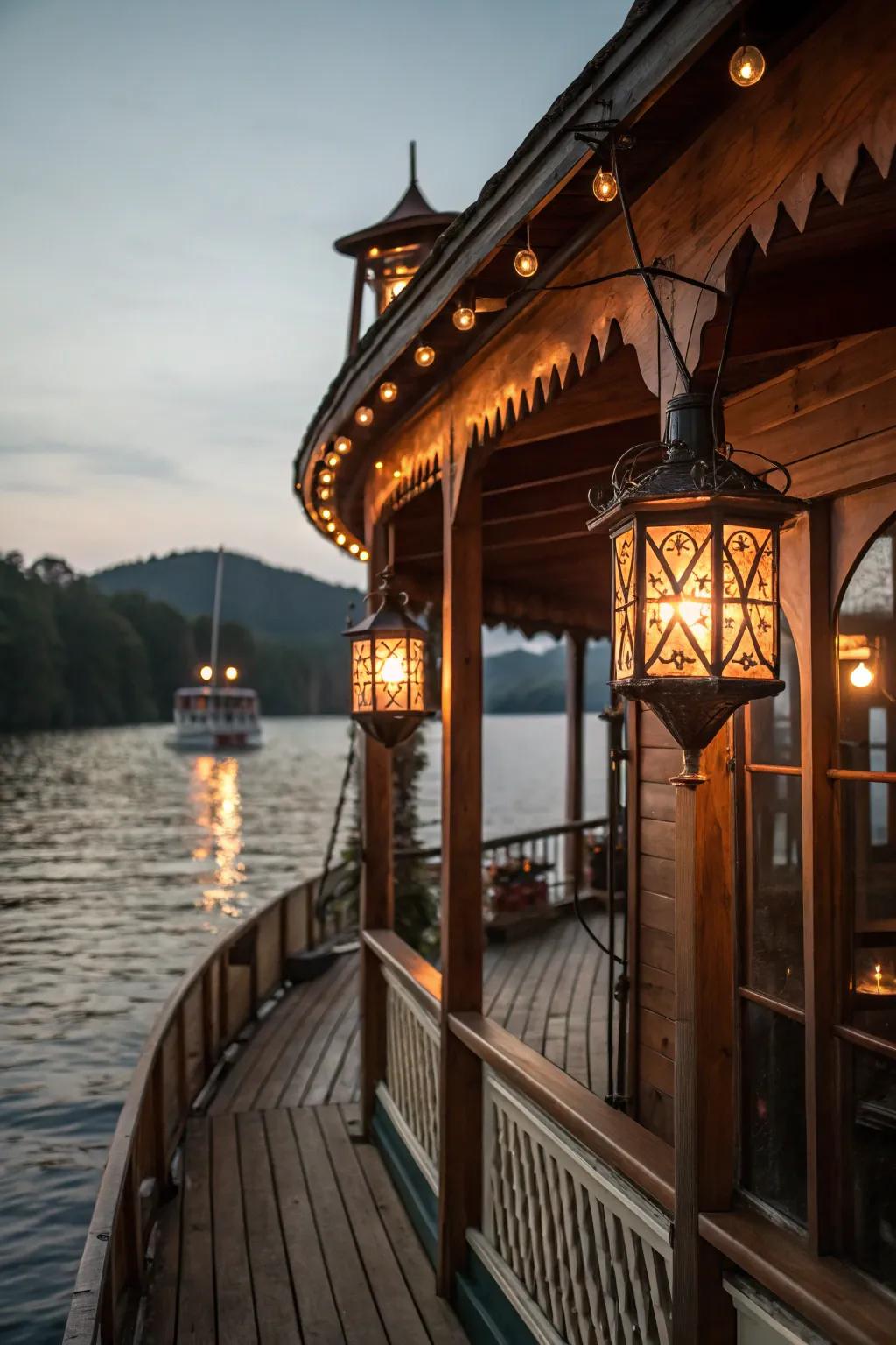 Retro lanterns deliver a nostalgic charm to the boat house setting.