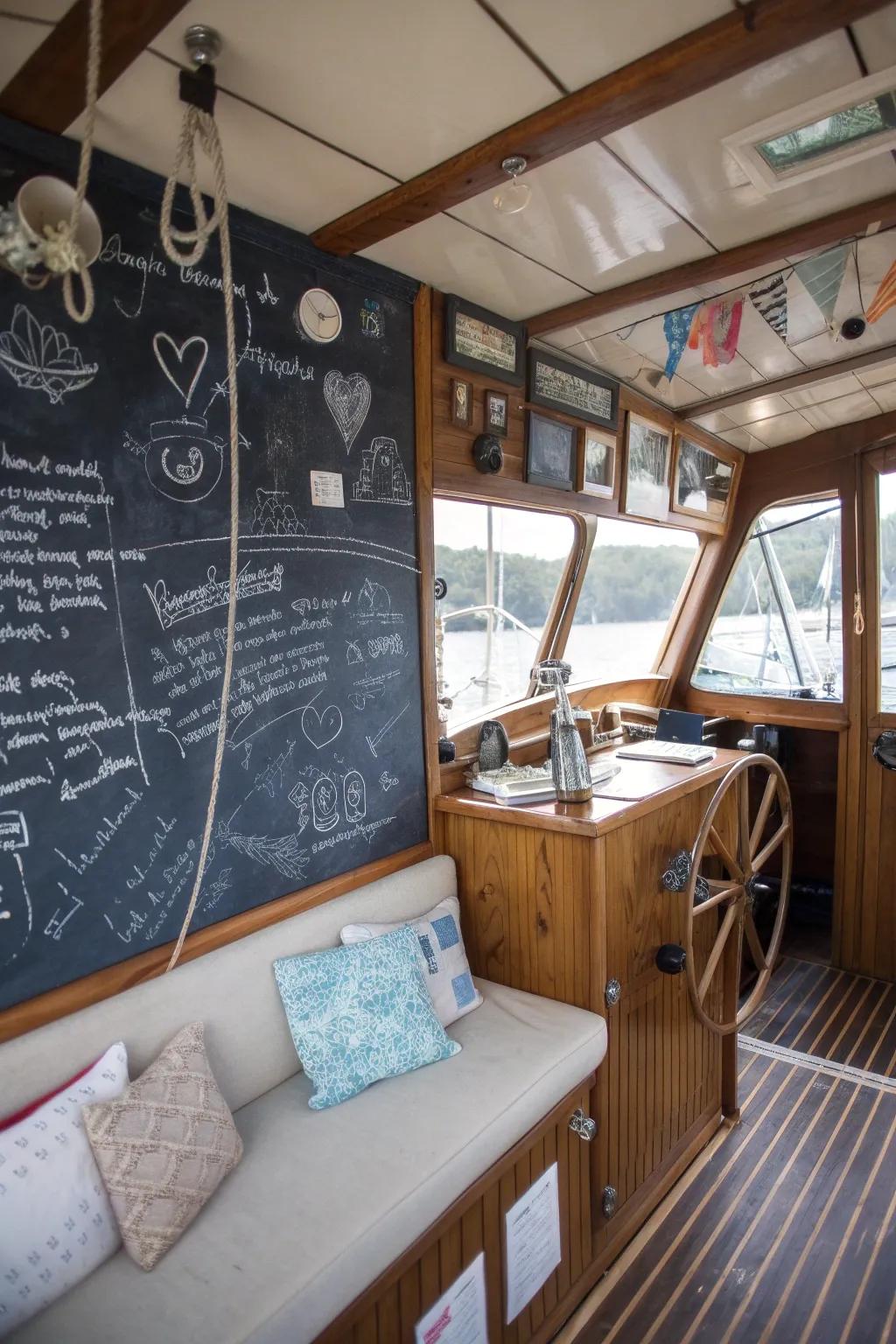 A chalkboard wall adds a playful and functional element.