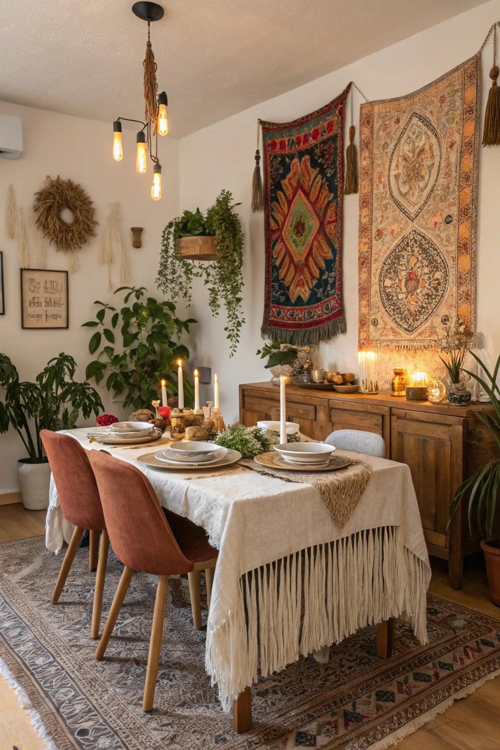 Fringe accents adding playfulness to a boho dining space.