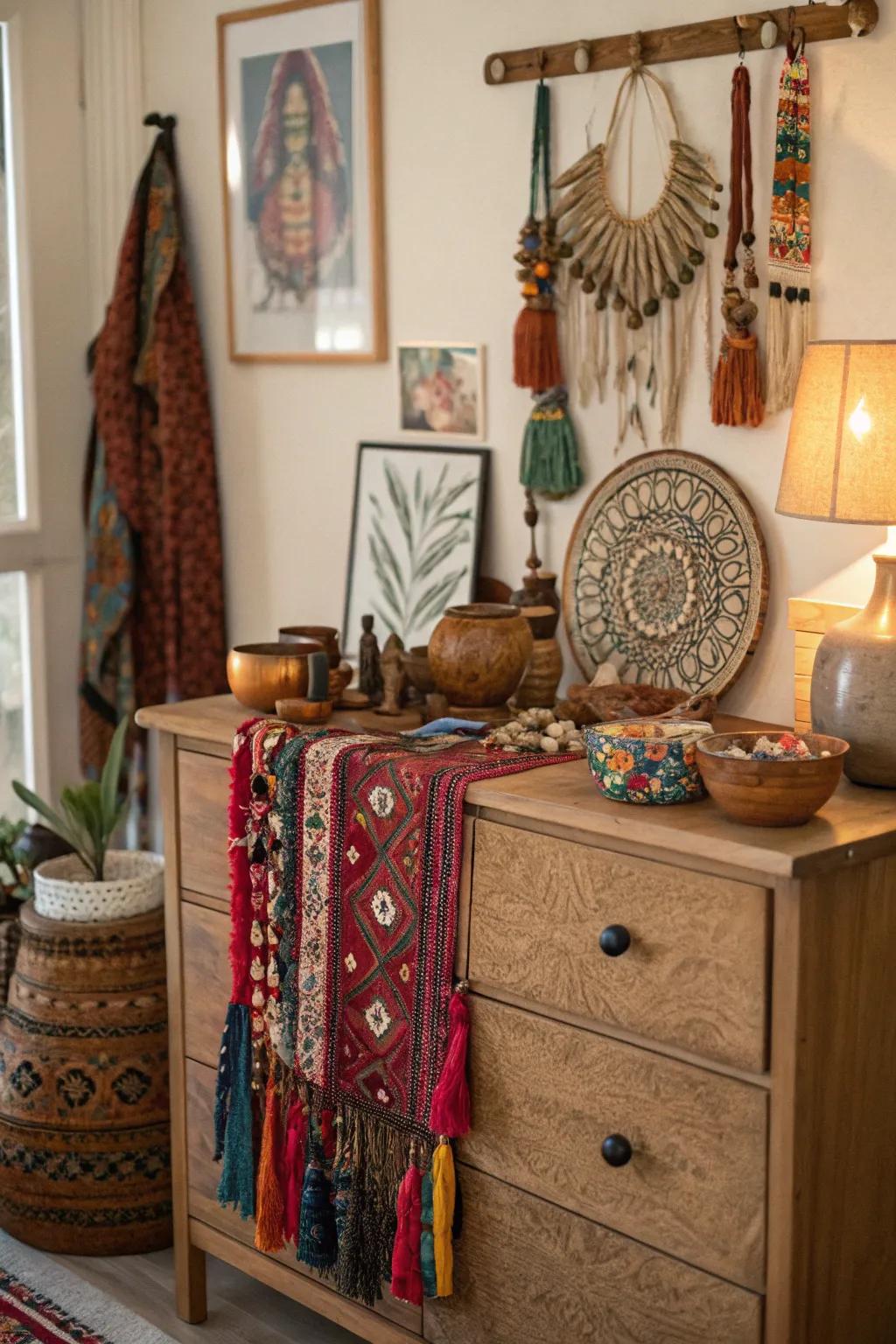 Cultural artifacts bring a worldly vibe to this boho dresser.