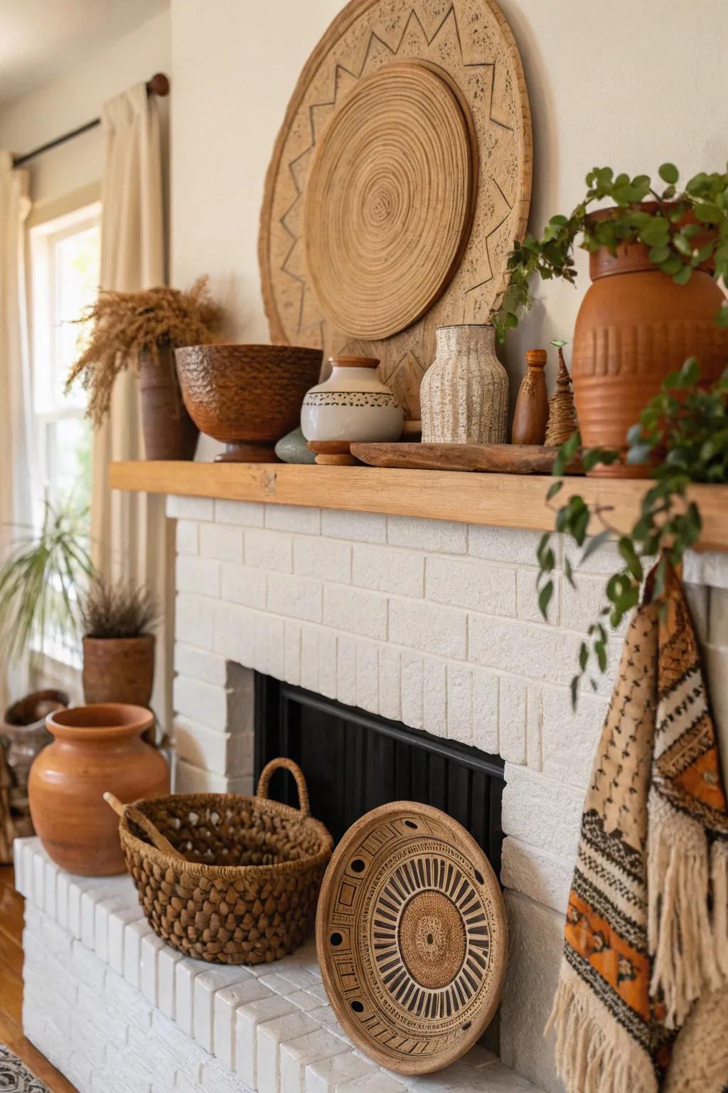 A natural bohemian-style fireplace mantel ornamented with earthy pottery and ceramics.