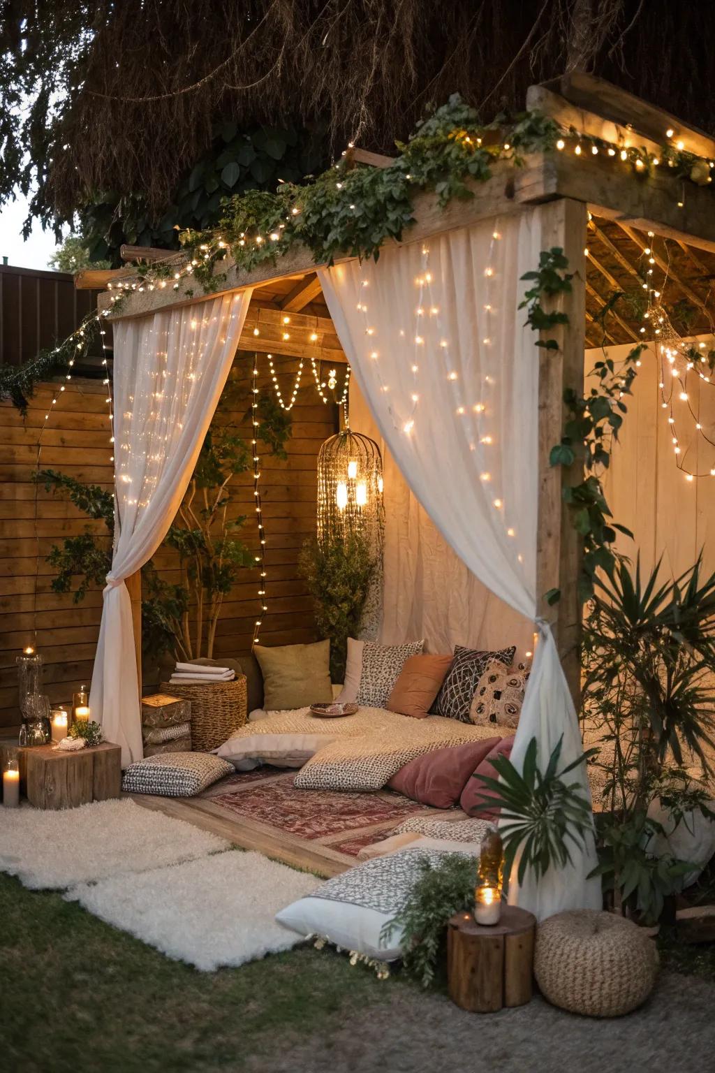 Playful fairy lights crafting a magical ambiance in a bohemian alcove.