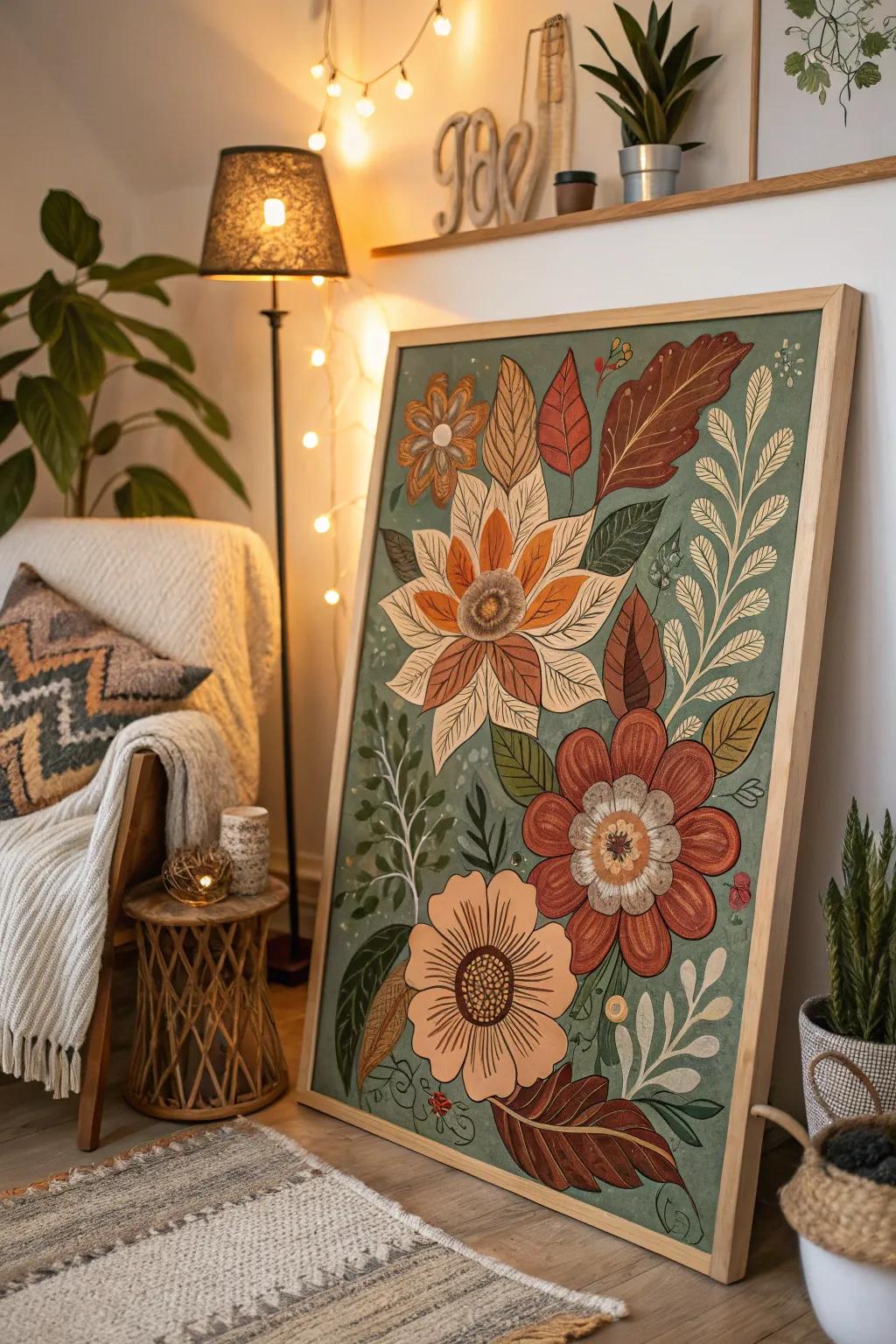 A boho-style painting that brings the vibrant beauty of flowers into your house.