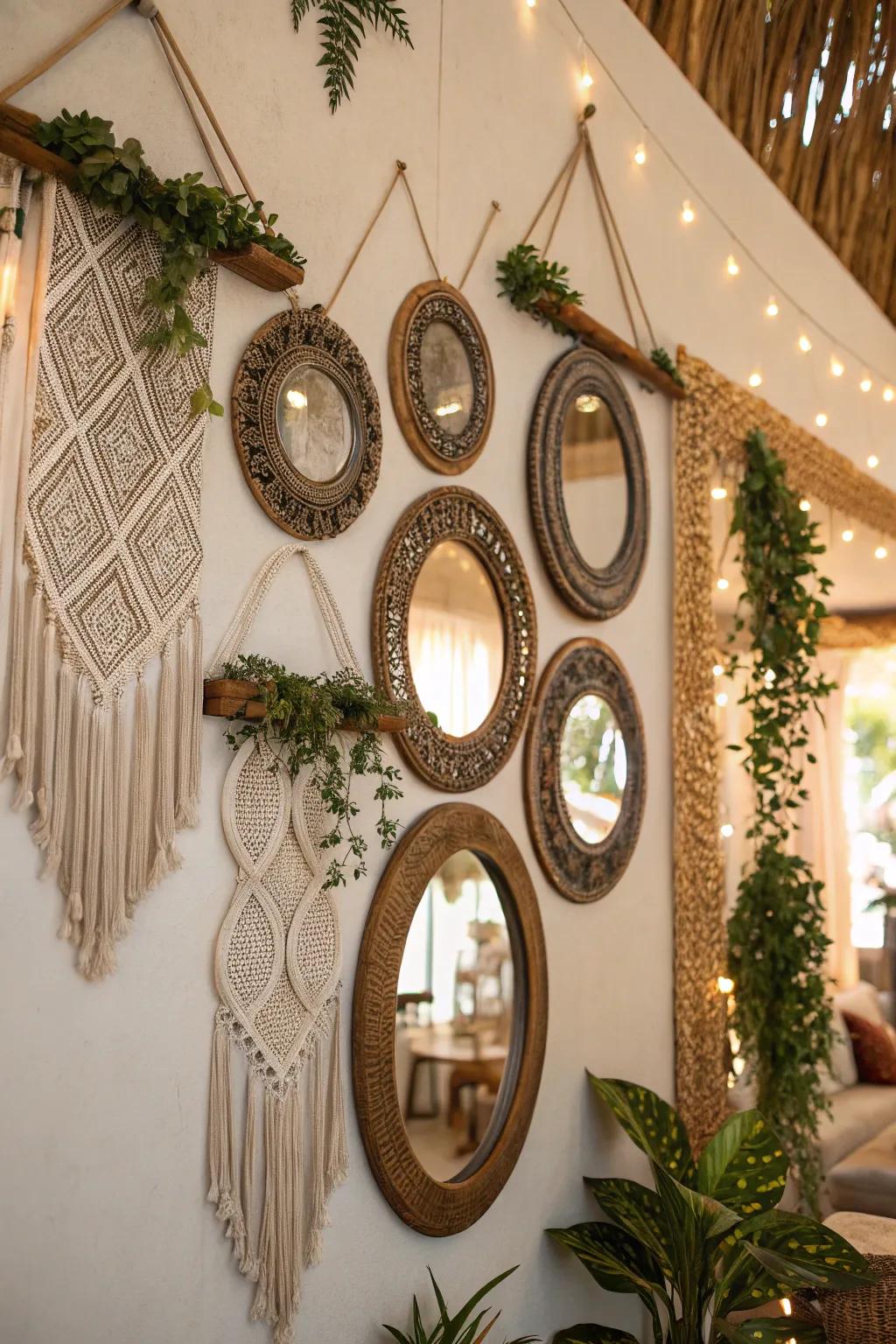 This bohemian wall is made brighter and deeper with ornamental mirrors.