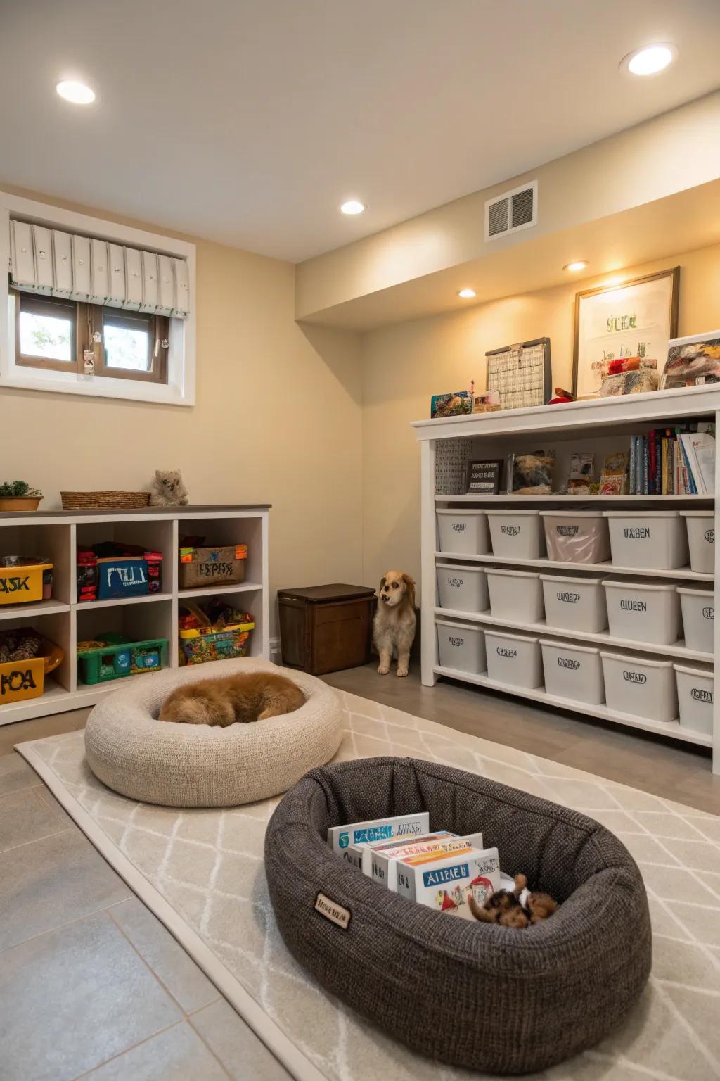 A special area for pets provides comfort and organization for your furry friends.