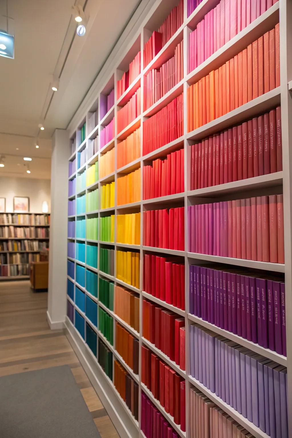 Books arranged by hue for a vibrant effect.