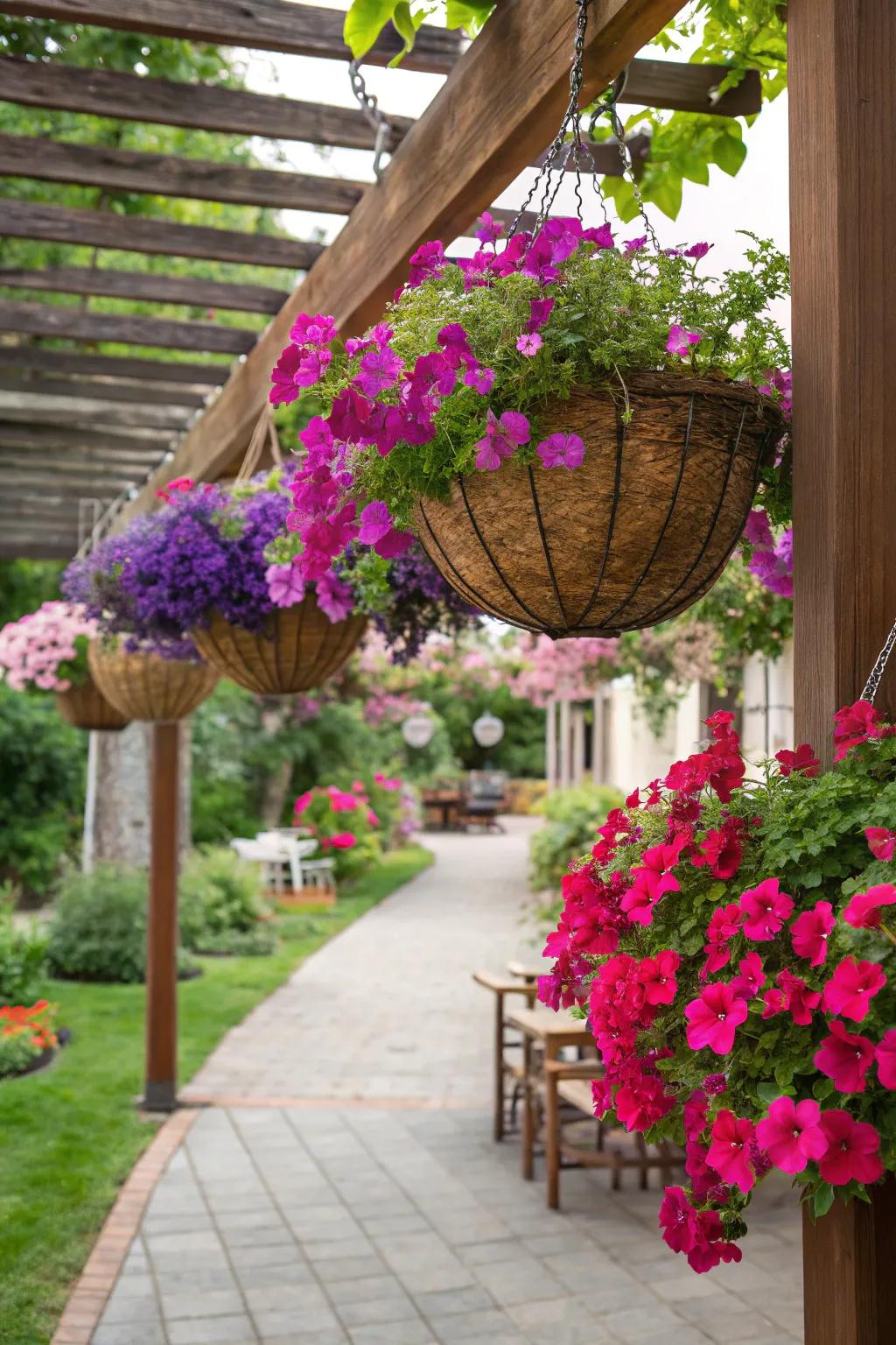 Hanging baskets with bougainvillea adding charm overhead.