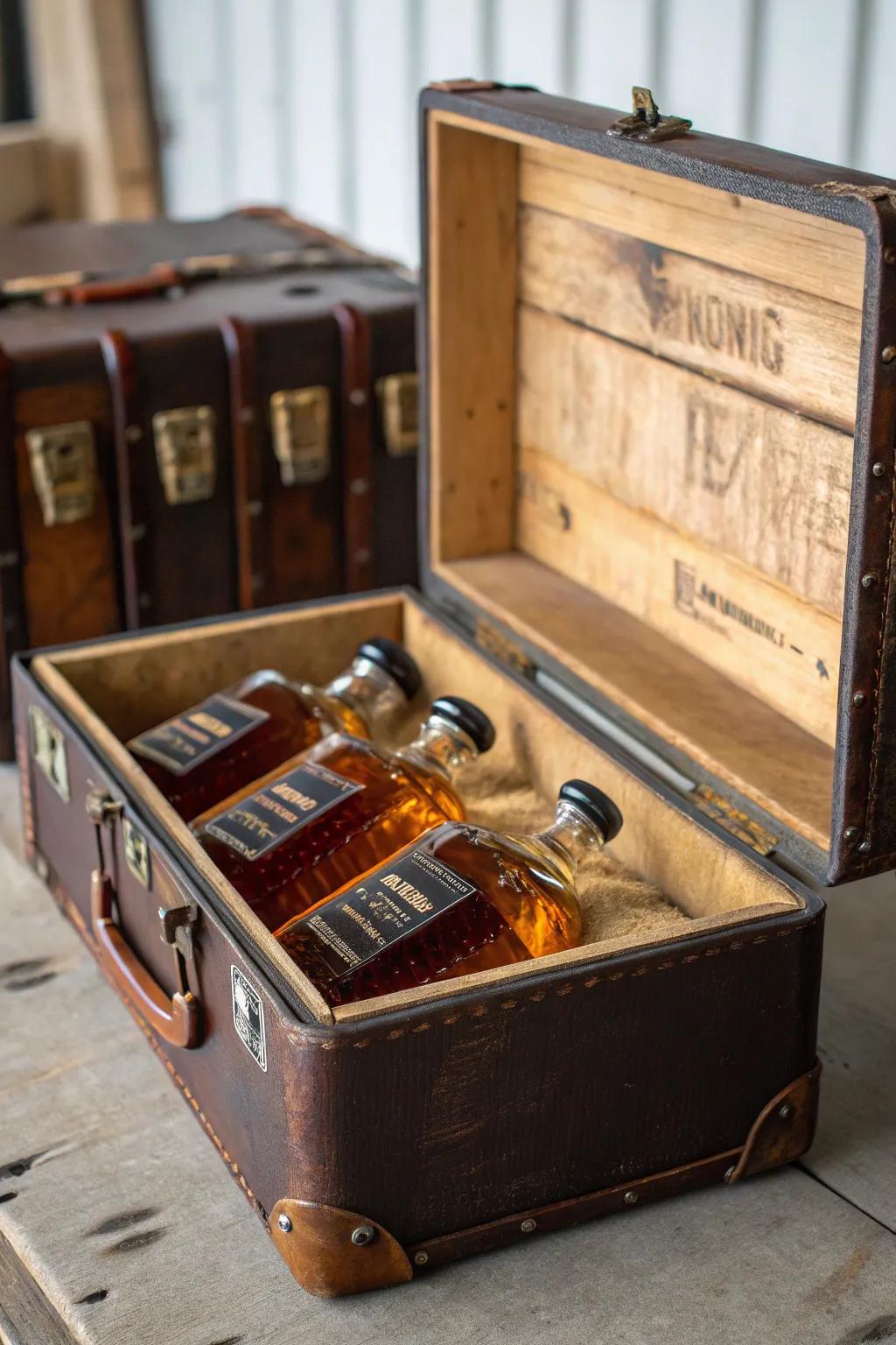 A vintage luggage piece adds a whimsical touch to your bourbon display.
