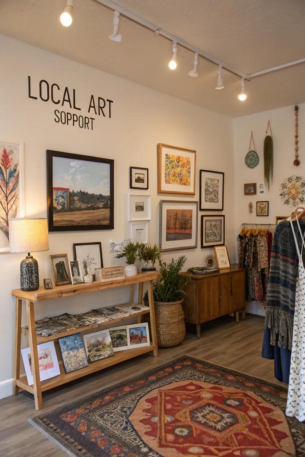 A shop interior showcasing local art, adding a unique identity and supporting the community.