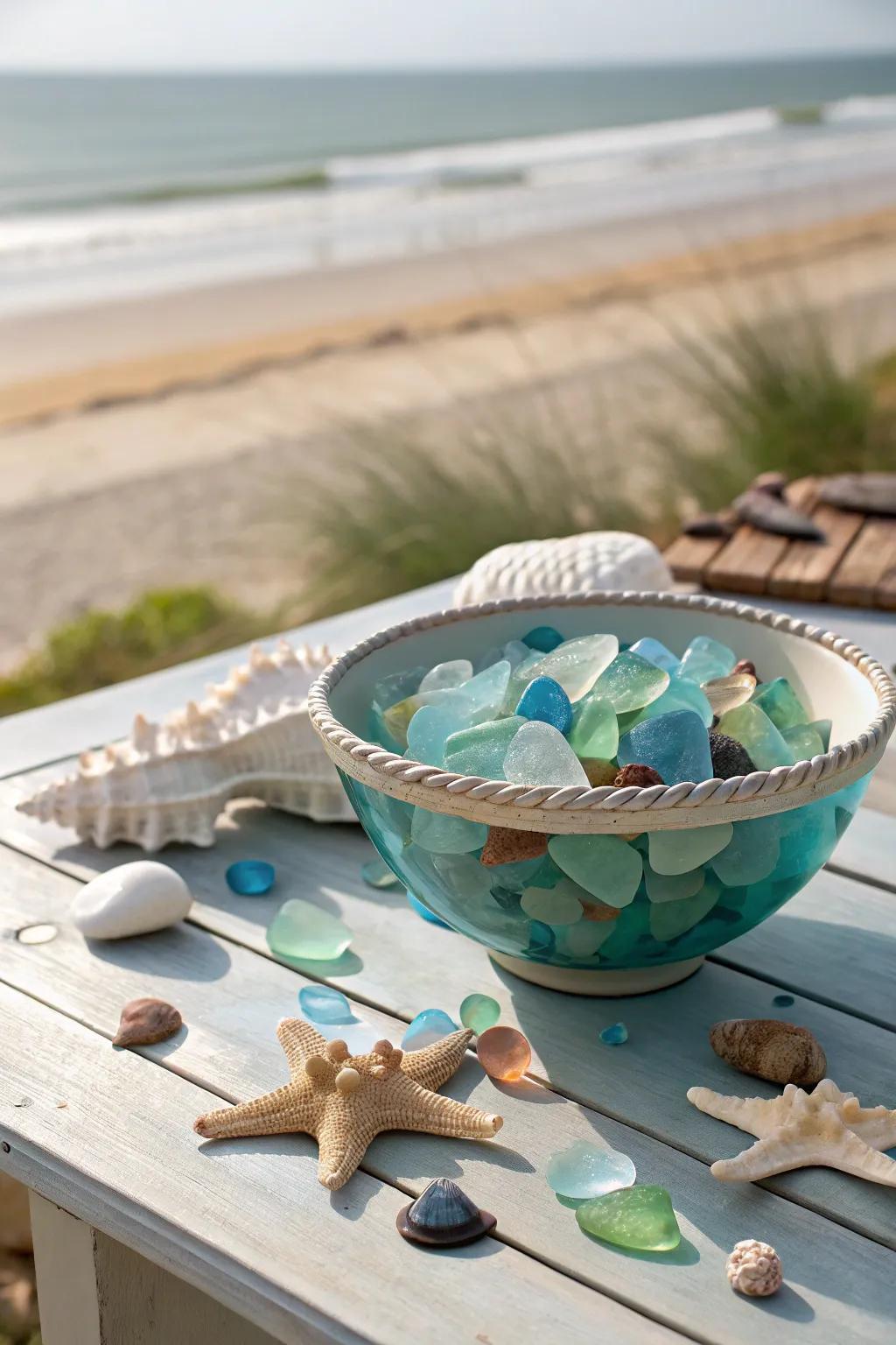 A bowl filled with vibrant seaglass pieces