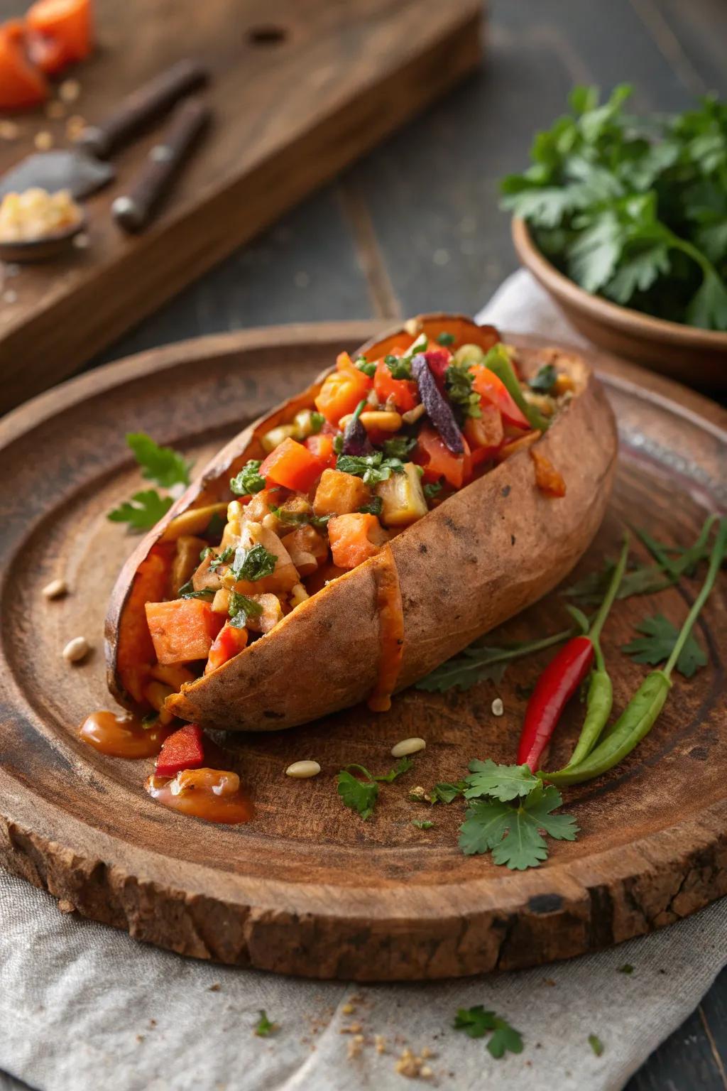 A sweet potato piled high with radiant vegetables for breakfast.