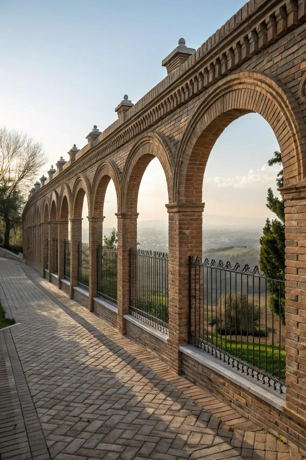 Arches contribute grandeur and openness to brick fences.