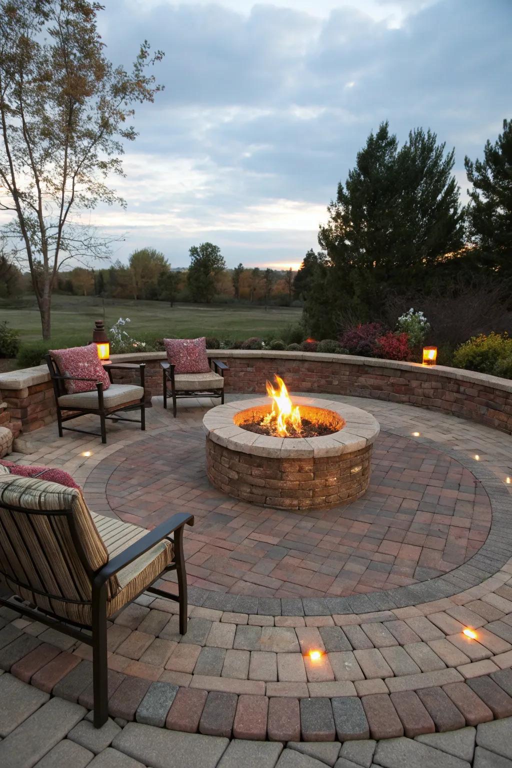 A circular stone space around a fire feature invites warmth and social gatherings.