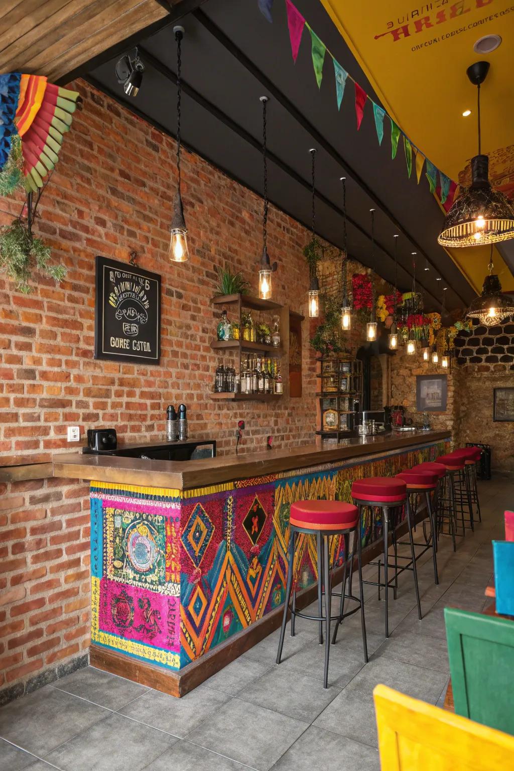 Bold colors establish a vibrant atmosphere in a brick wall bar.