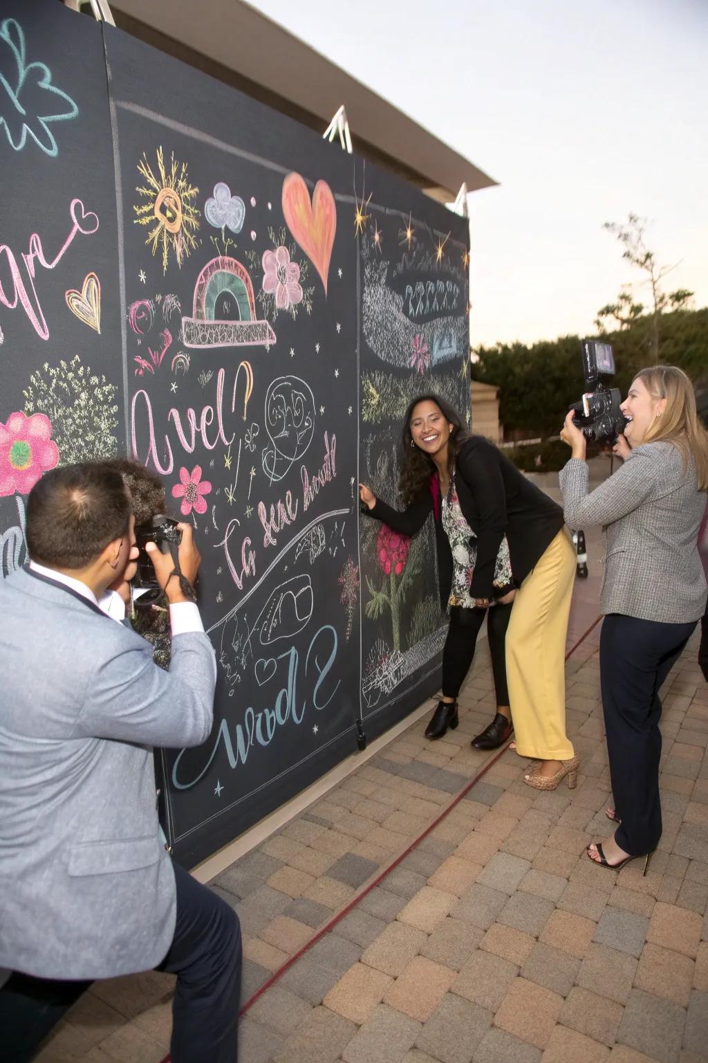A chalkboard photo booth adds fun and creativity to the celebration.