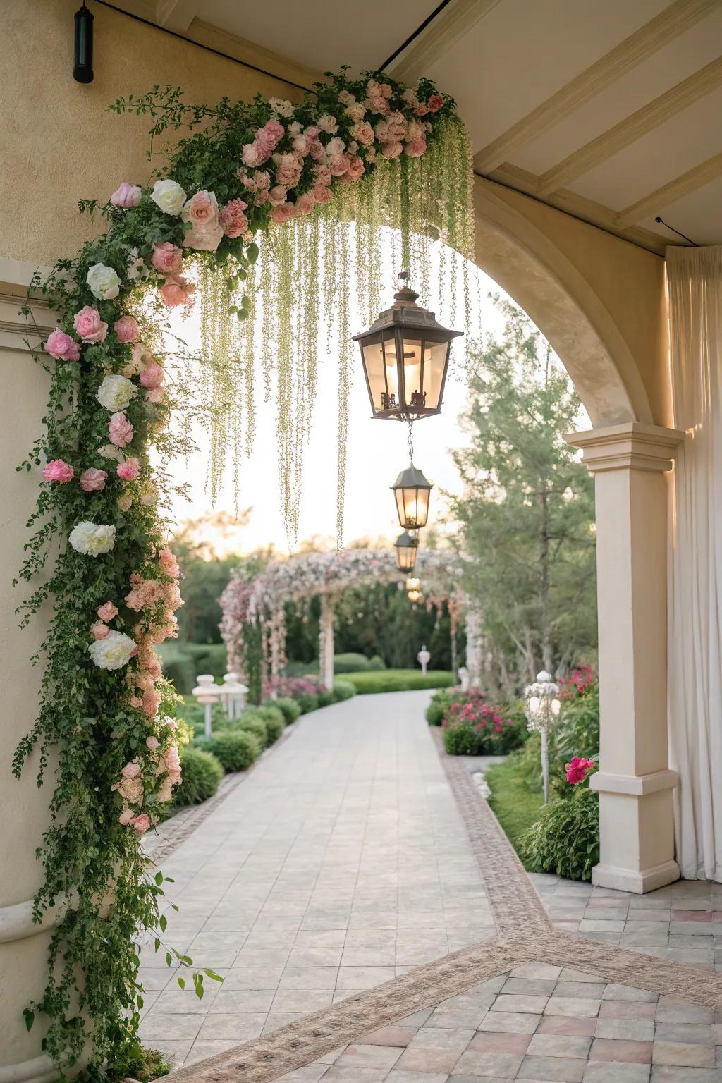 Stunning suspended blossom setups fashion a breathtaking entry for the bridal shower.