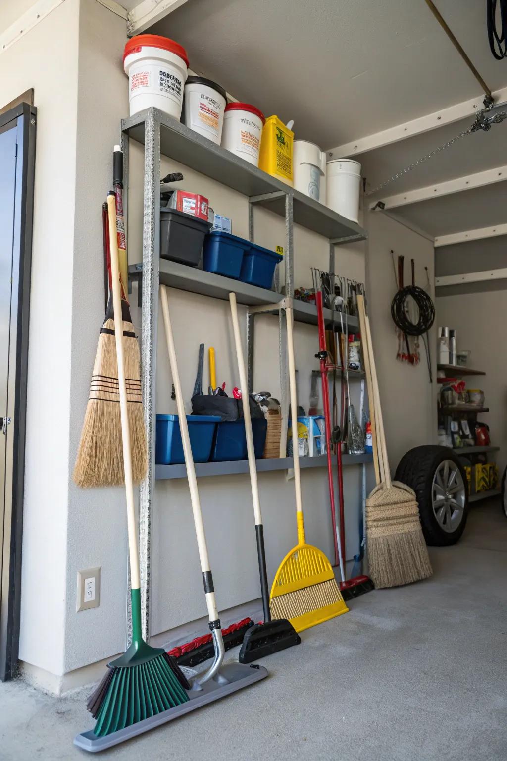 Corner shelves proficiently make use of area for cleaning tool storage.