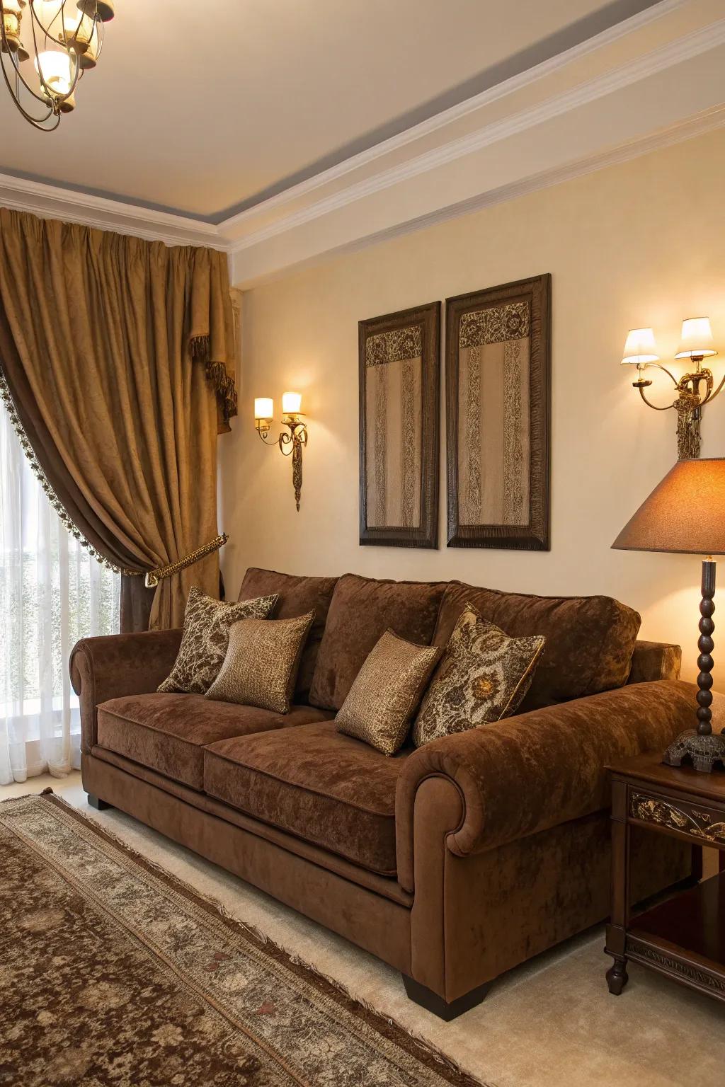 Brown velvet furnishings inject luxury and richness into the area.