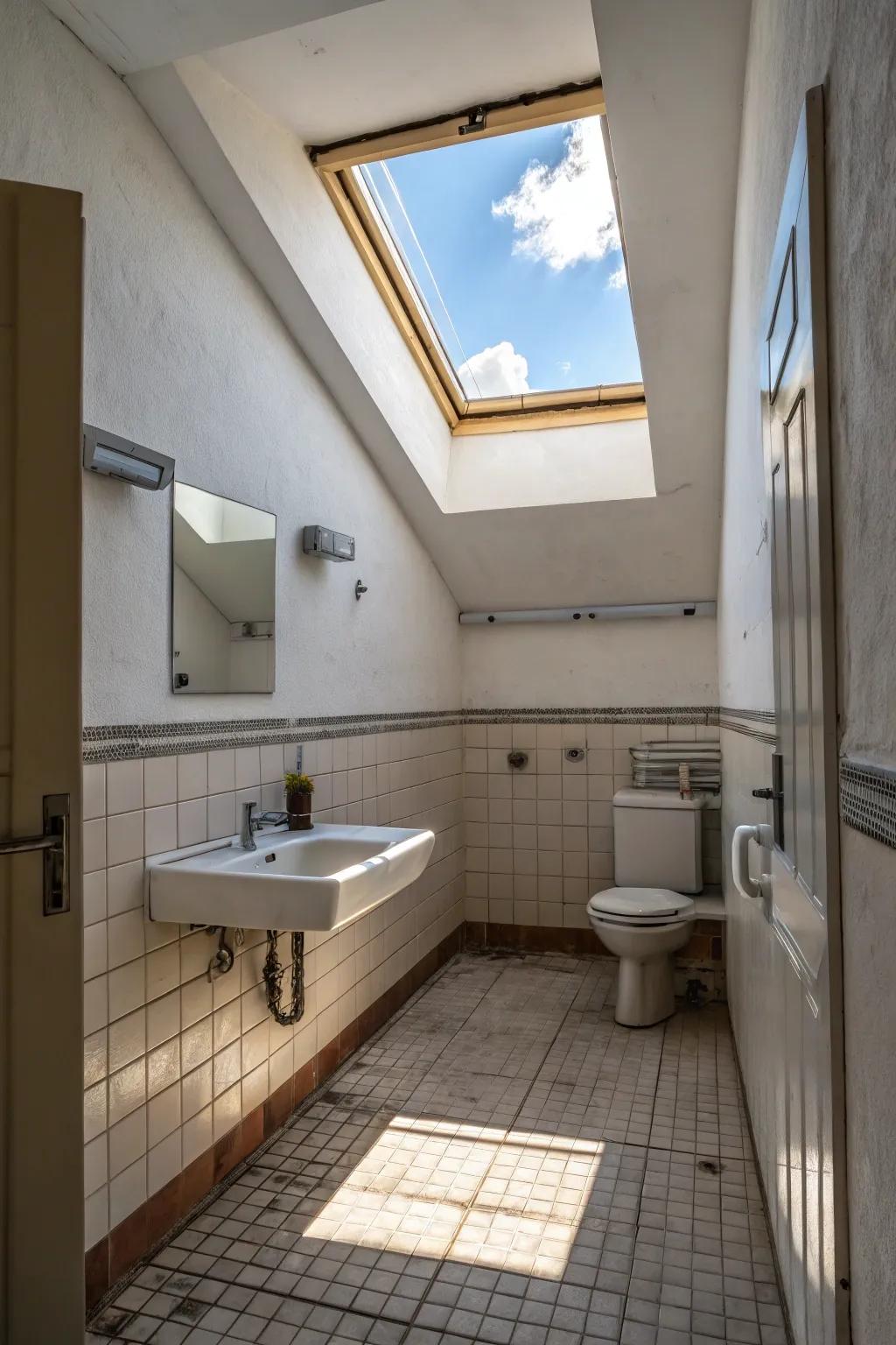 This small bathroom is brightened by a skylight that introduces natural light.