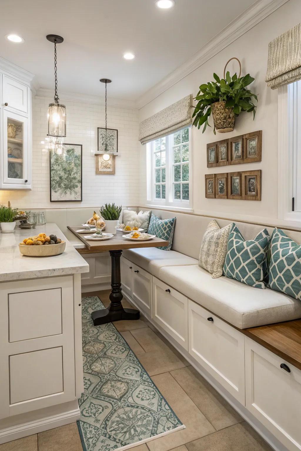 Uniform banquette layout for a harmonious kitchen setting.