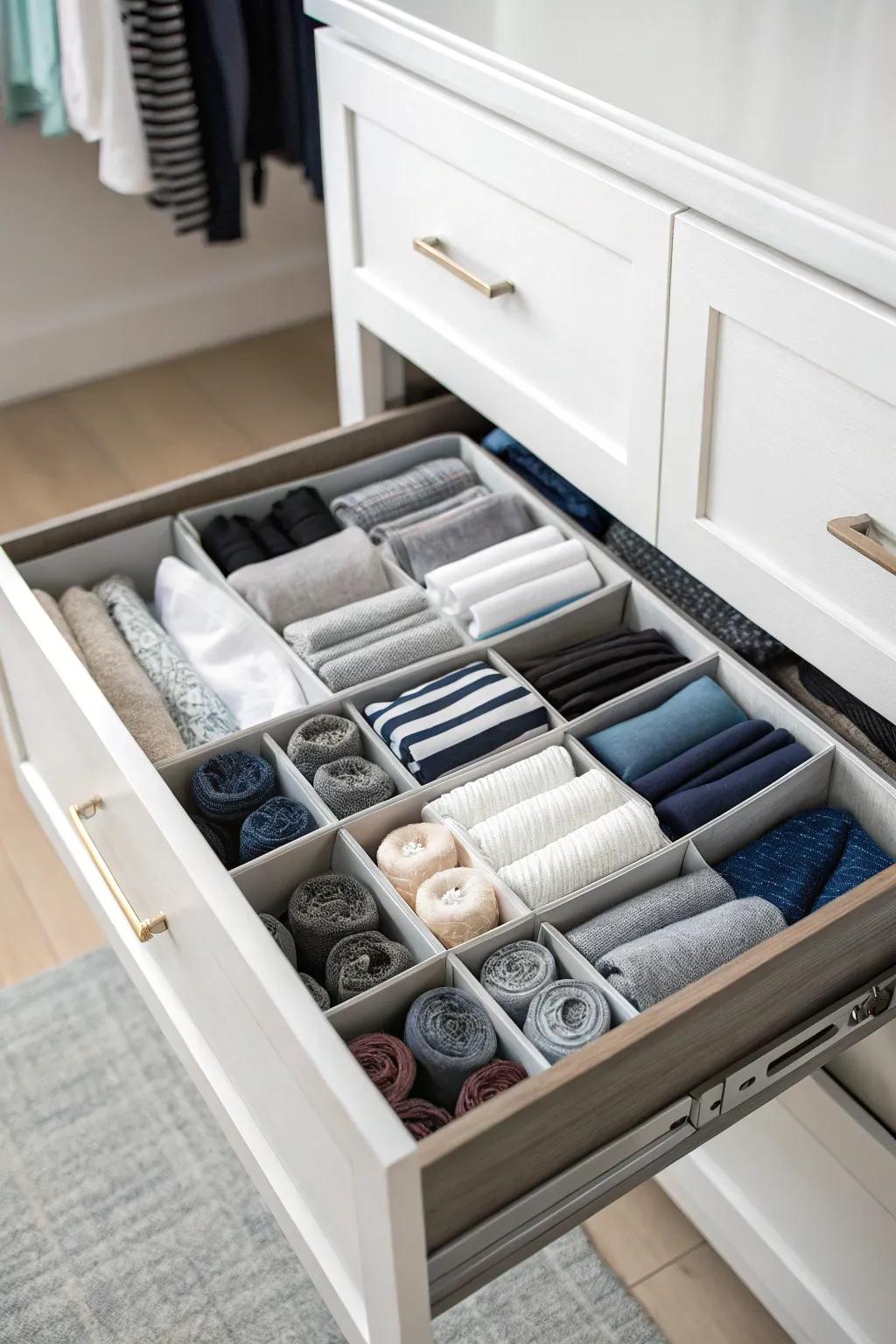 Drawer compartments maintain smaller items impeccably arranged.