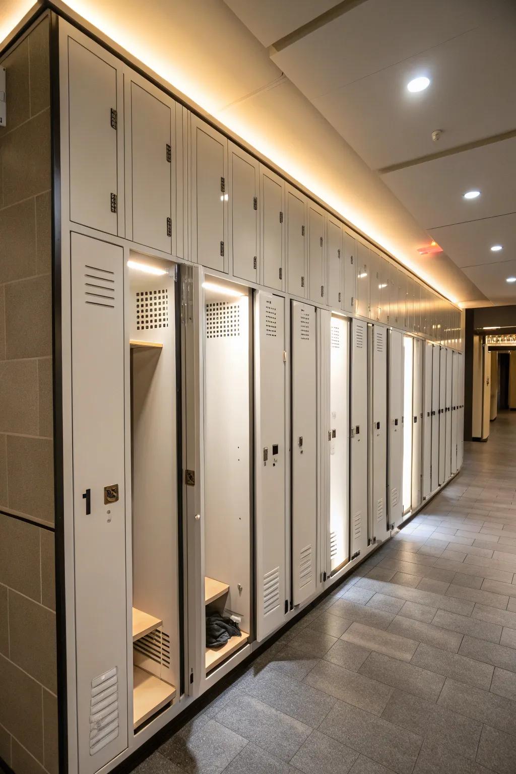 Integrated lighting enhances custom storage units.