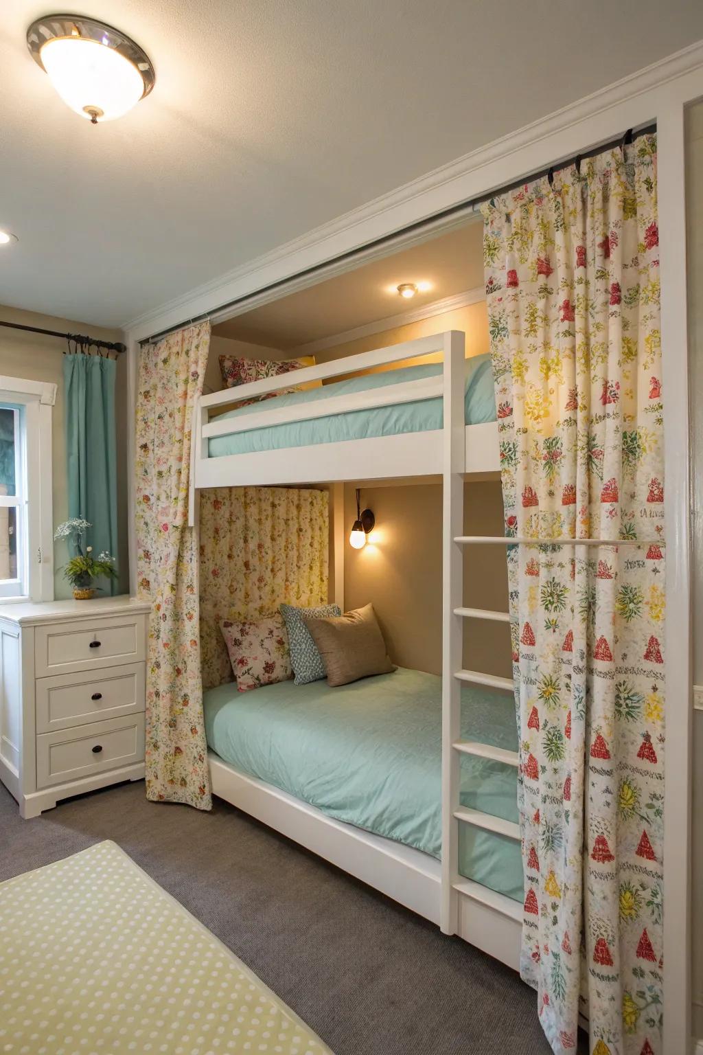 Whimsical curtain separators add privacy and magic to bunk beds.