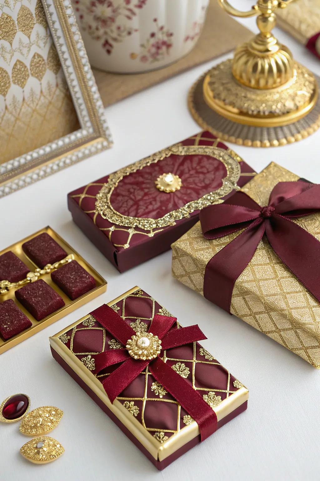 Unique party gifts in red and gold offer a memorable takeaway.