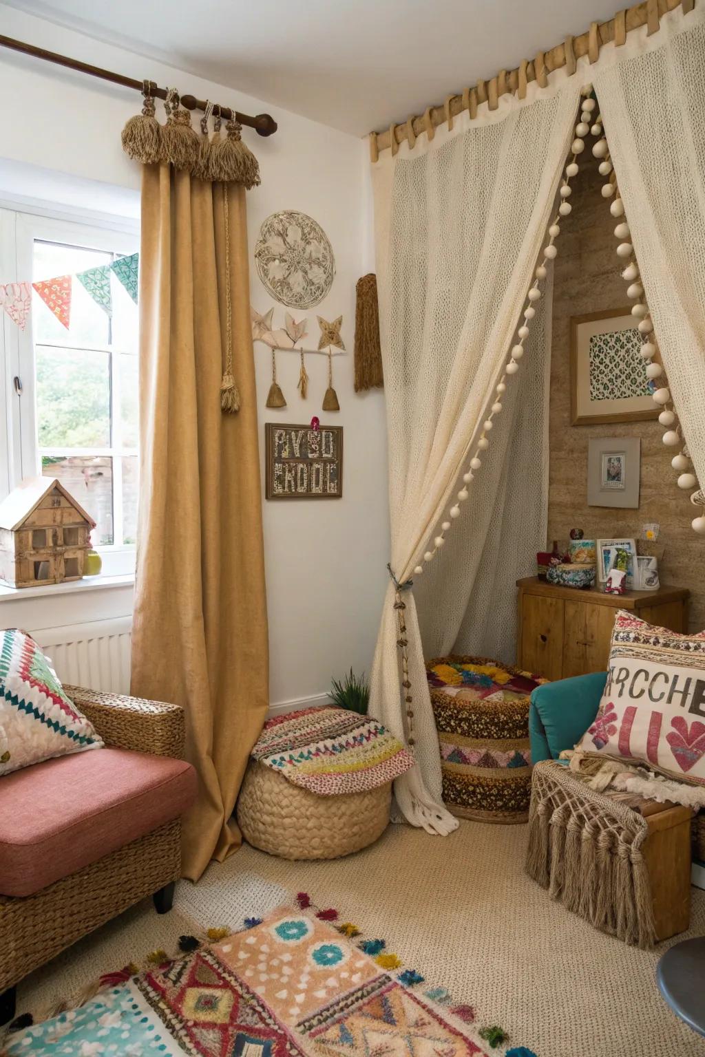 Bohemian flair with cord-trimmed material drapes.