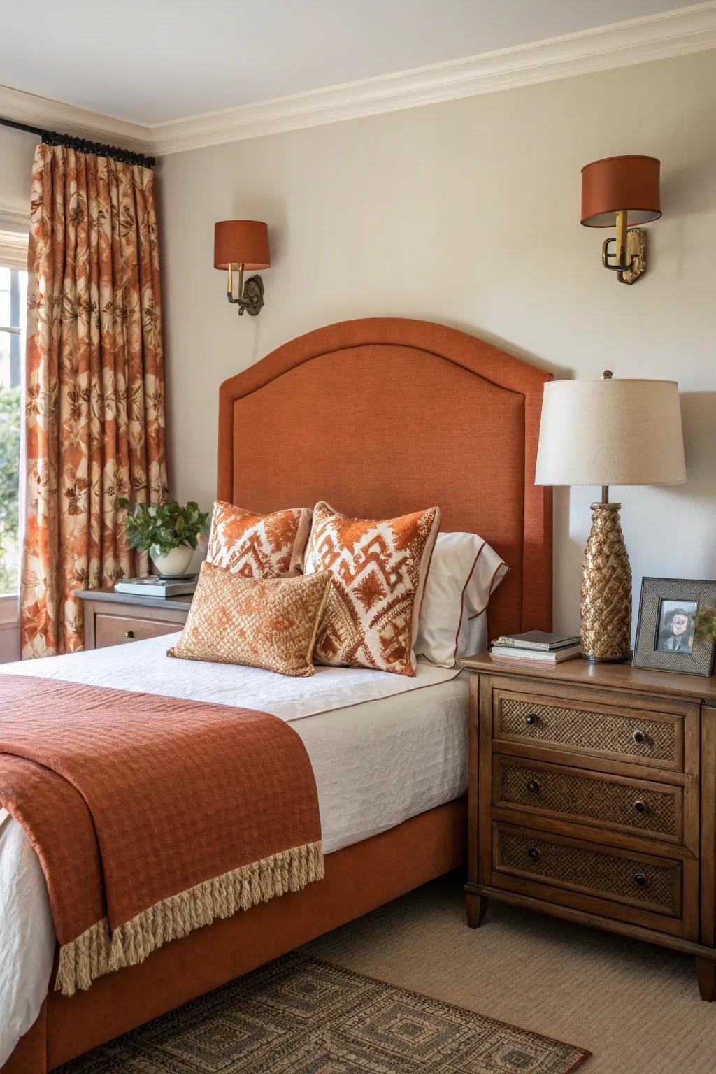 A rust-colored bed headboard creates a daring statement.