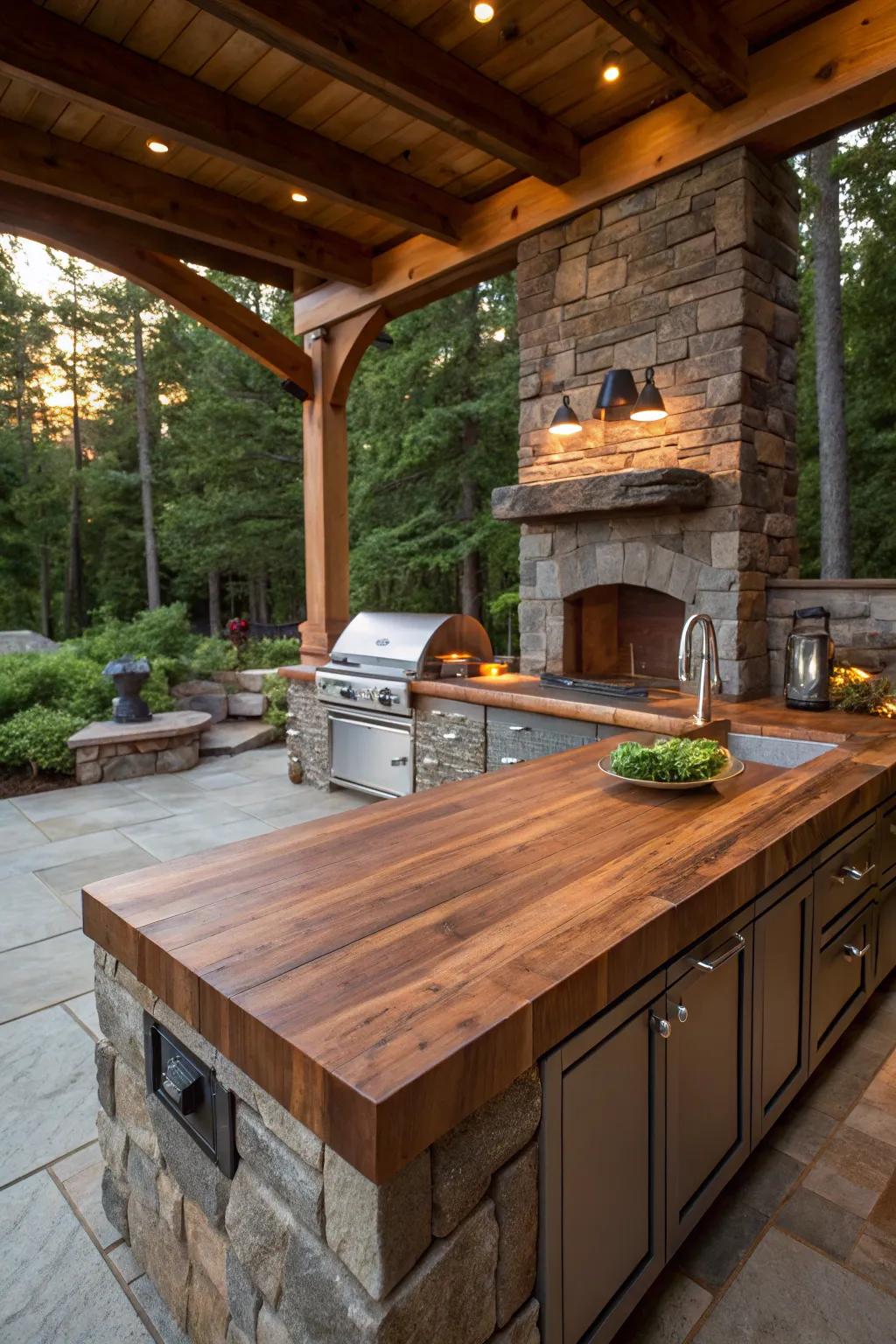 Make a smooth inside-outside move with wood in your outdoor cooking space. #OutdoorLiving #GardenDesign #Worktop