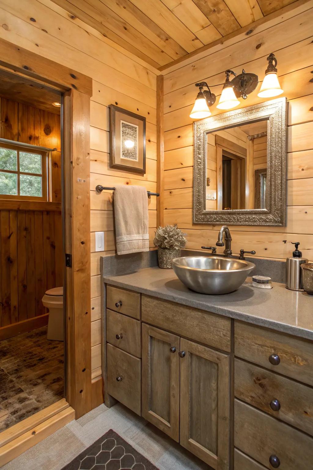 A cabin bathroom with metallic flea market finds for a hint of sparkle.