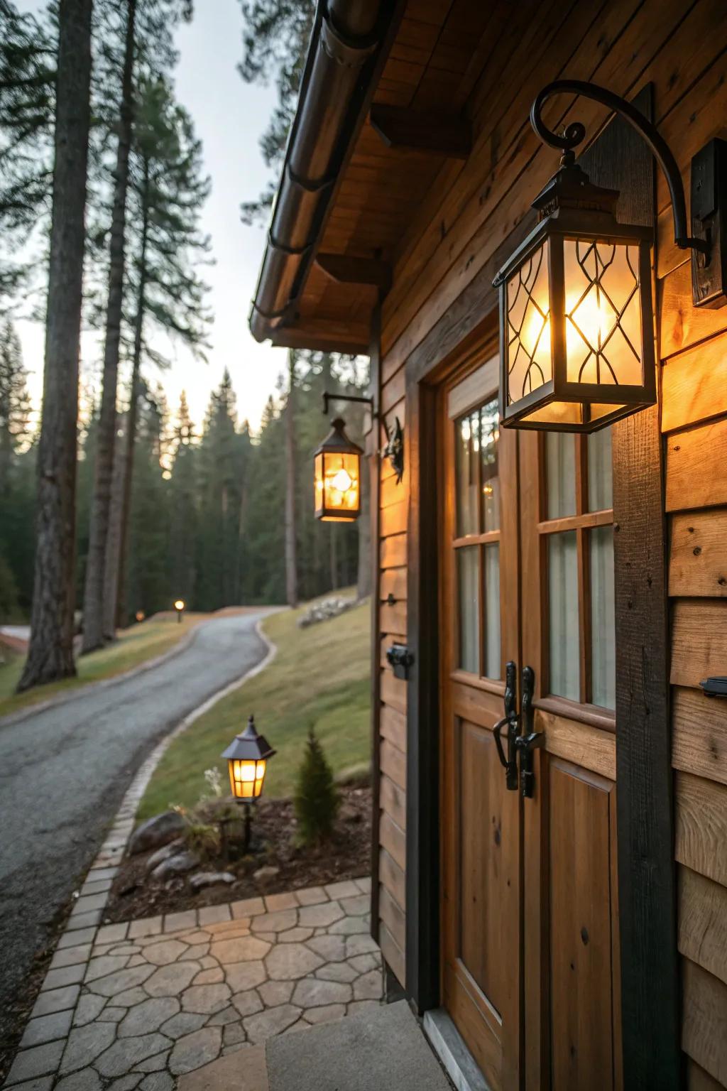 Outdoor lights contributing a welcoming touch to a cabin entrance.