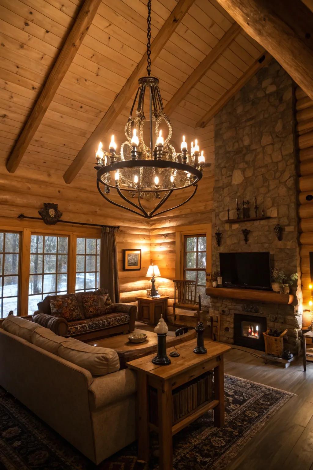 Statement lighting creates a warm glow in this cabin living space.