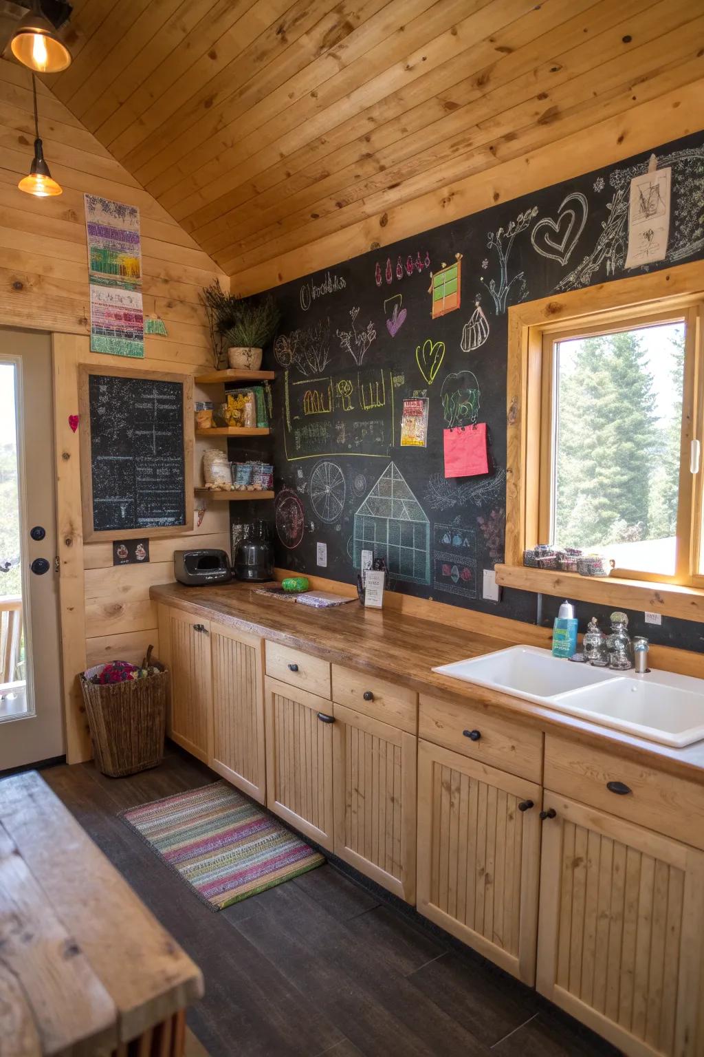 A hands-on chalkboard surface in a family-friendly cabin cooking area.