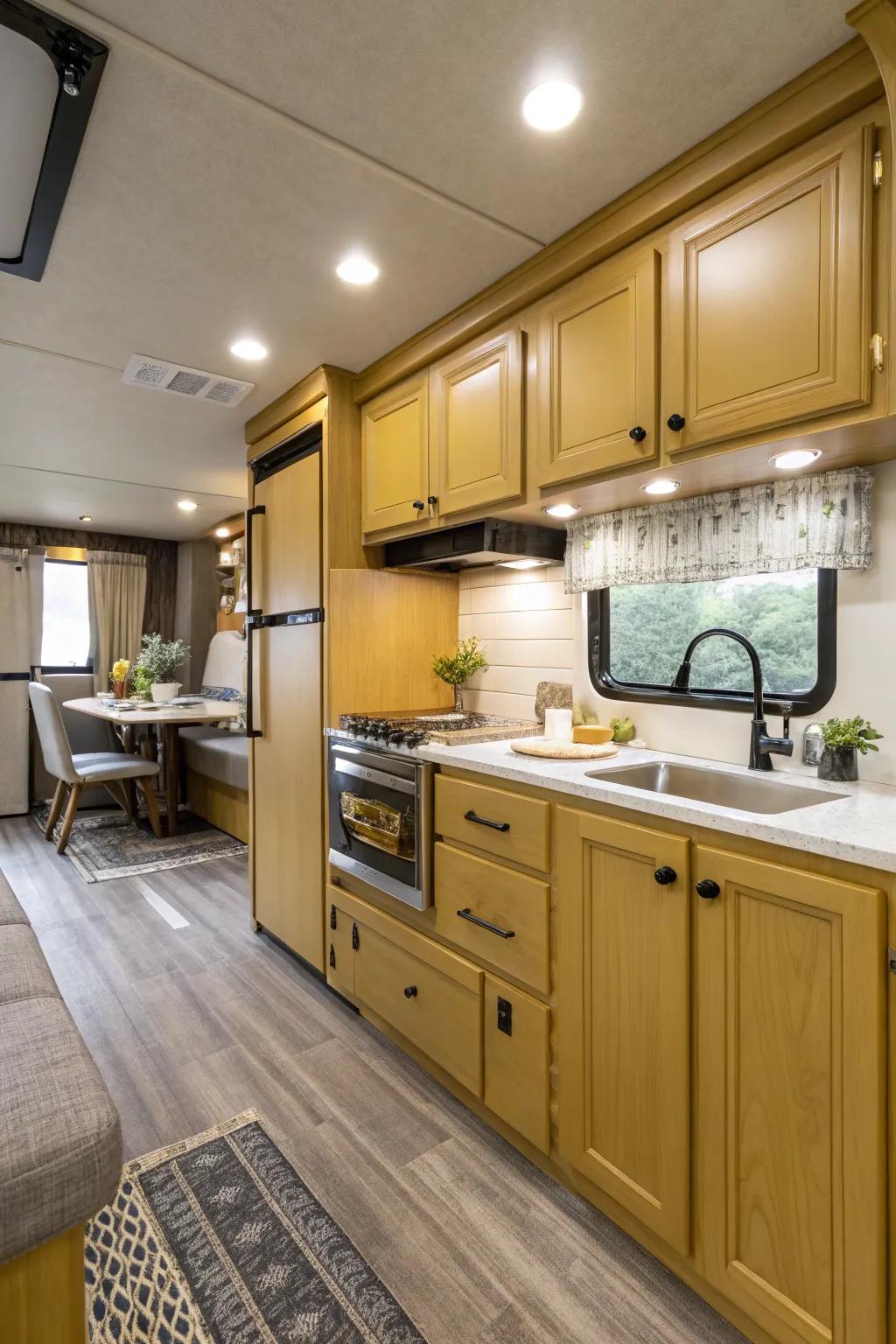 Sienna cabinets add warmth and depth.