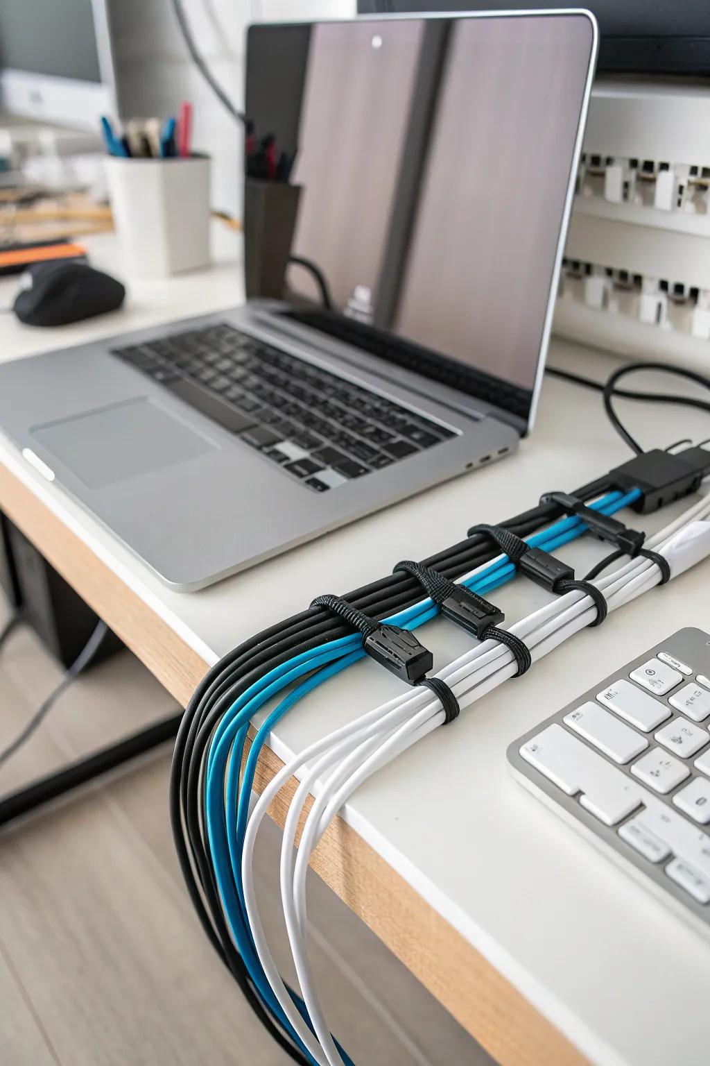 Zip fasteners and cable clasps securing cables.