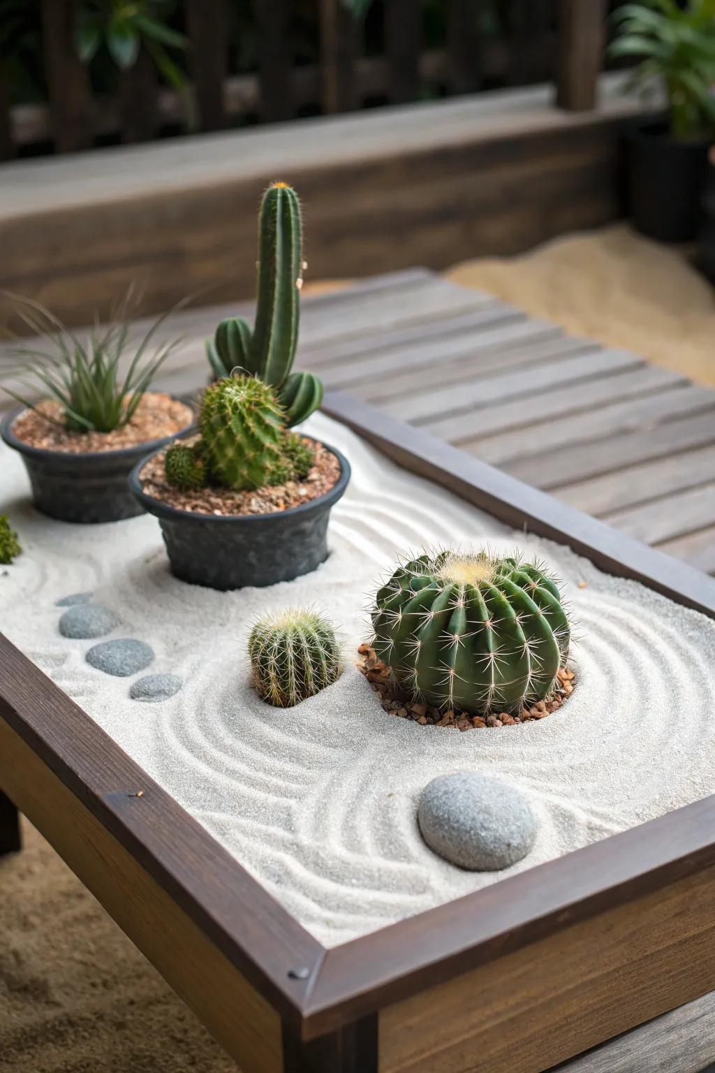 A tranquil garden with succulents offers a calming and serene centerpiece.