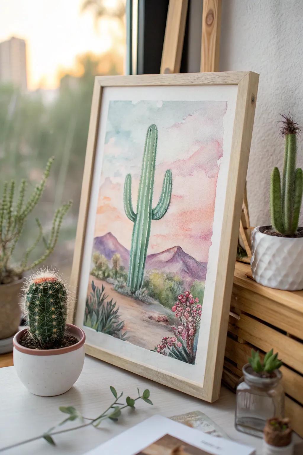 A dreamy cactus artwork featuring watercolor effects.