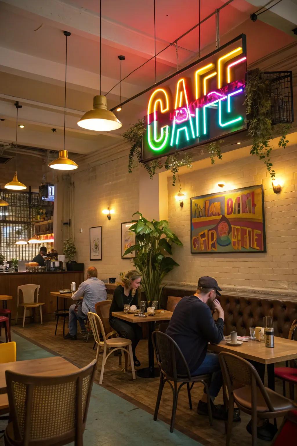 A café interior featuring a colorful neon sign that adds personality and charm.