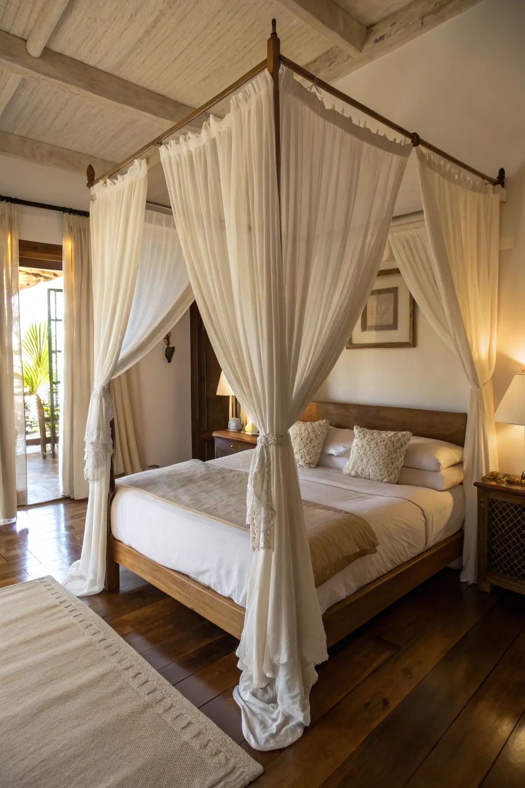 Bedroom featuring a canopy bed draped with soft fabric for a dreamy feel.