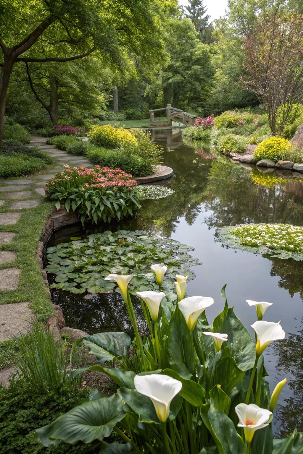 Swan flowers constructing a tranquil water garden refuge.