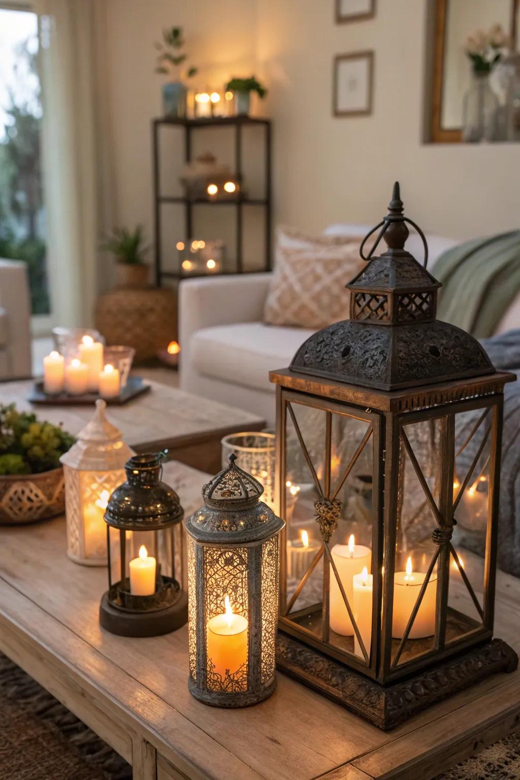 Lanterns filled with lights add a cozy element to any setting.