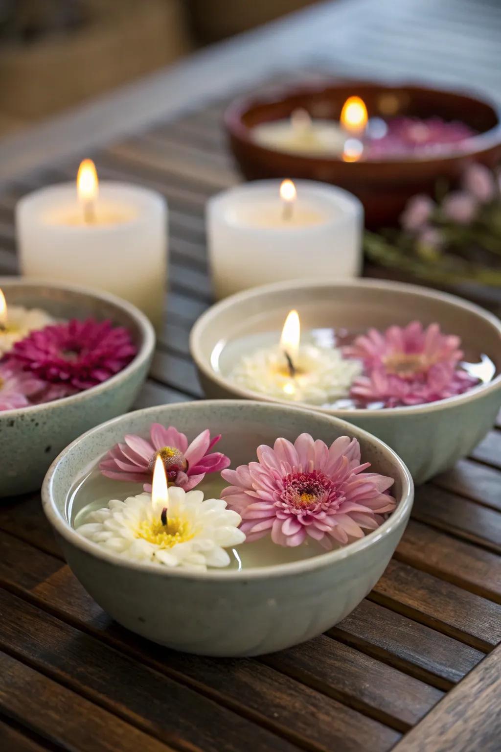 Drifting wax lights and flowers in small dishes for a splash of color.