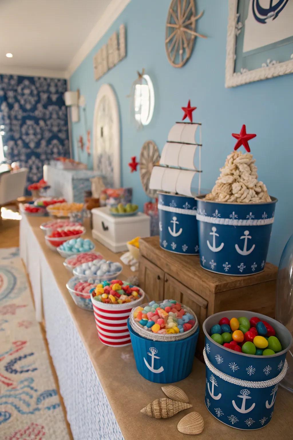 Marine buckets enhancing the theme of the sweet table