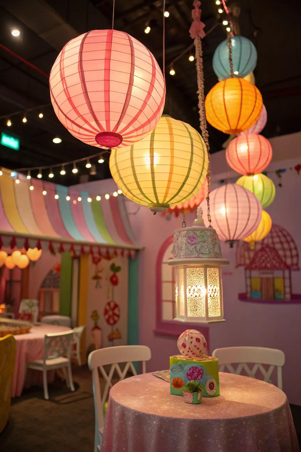 Candy-themed lanterns create an enchanting overhead display.