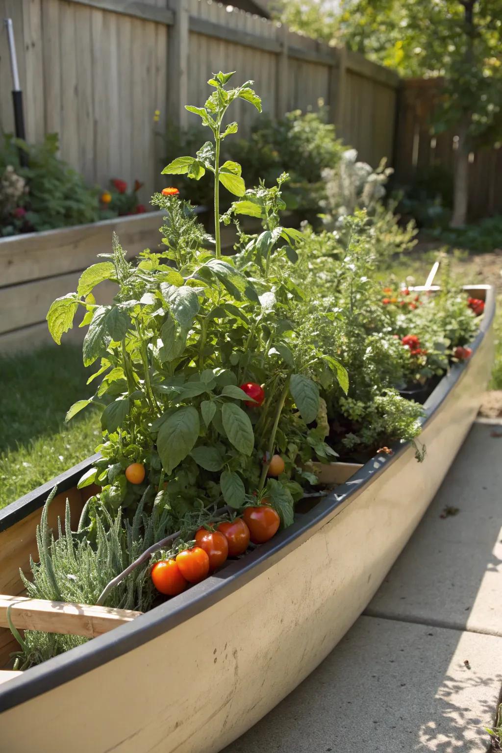A canoe planter serves as an edible garden, ideal for fresh produce.
