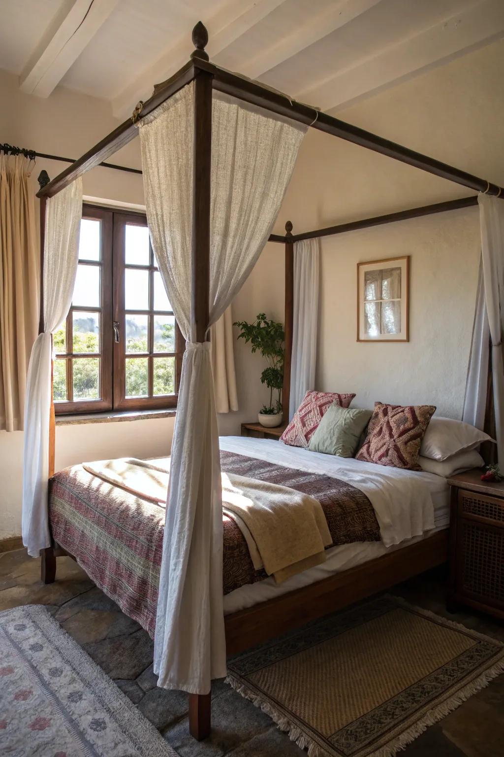 Positioning a canopy bed with a window vista elevates spaciousness.