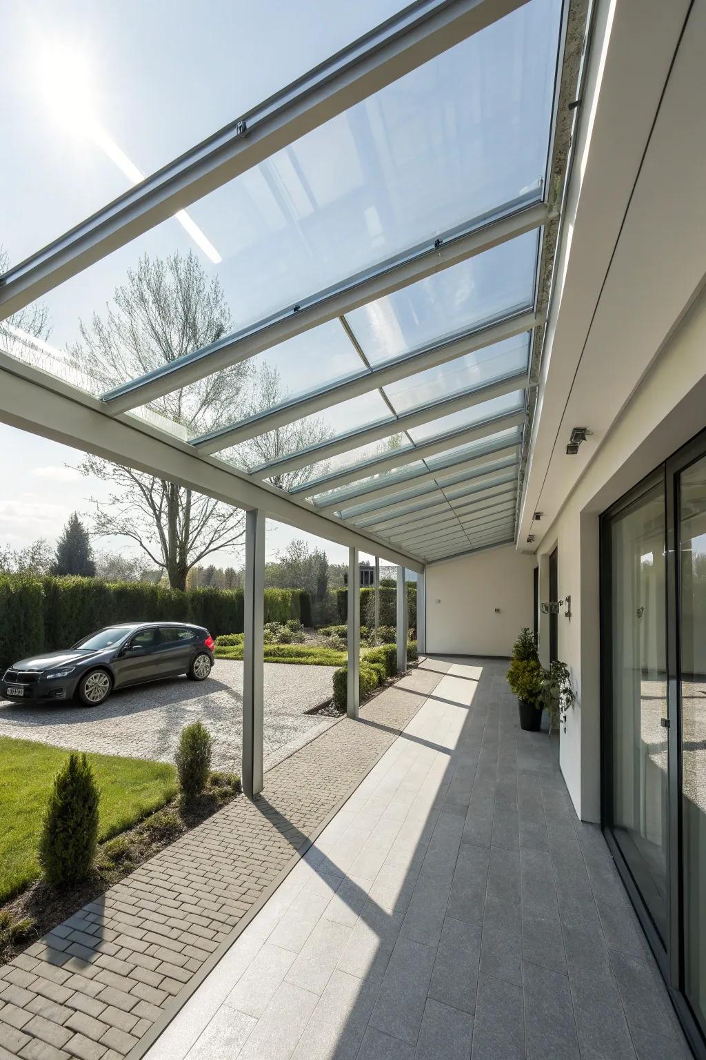 A carport featuring a glass roof, creating an elegant and brightly lit setting.