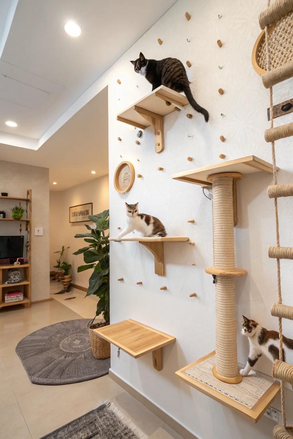 Demanding leaps supply a playful challenge for adventurous felines.